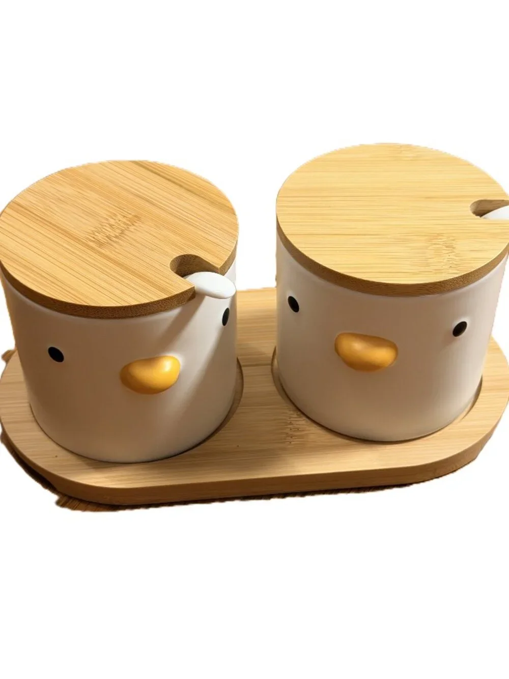 Ceramic Sugar Bowls with Wood Lids & Tray Spoons Duck Set of 2 New